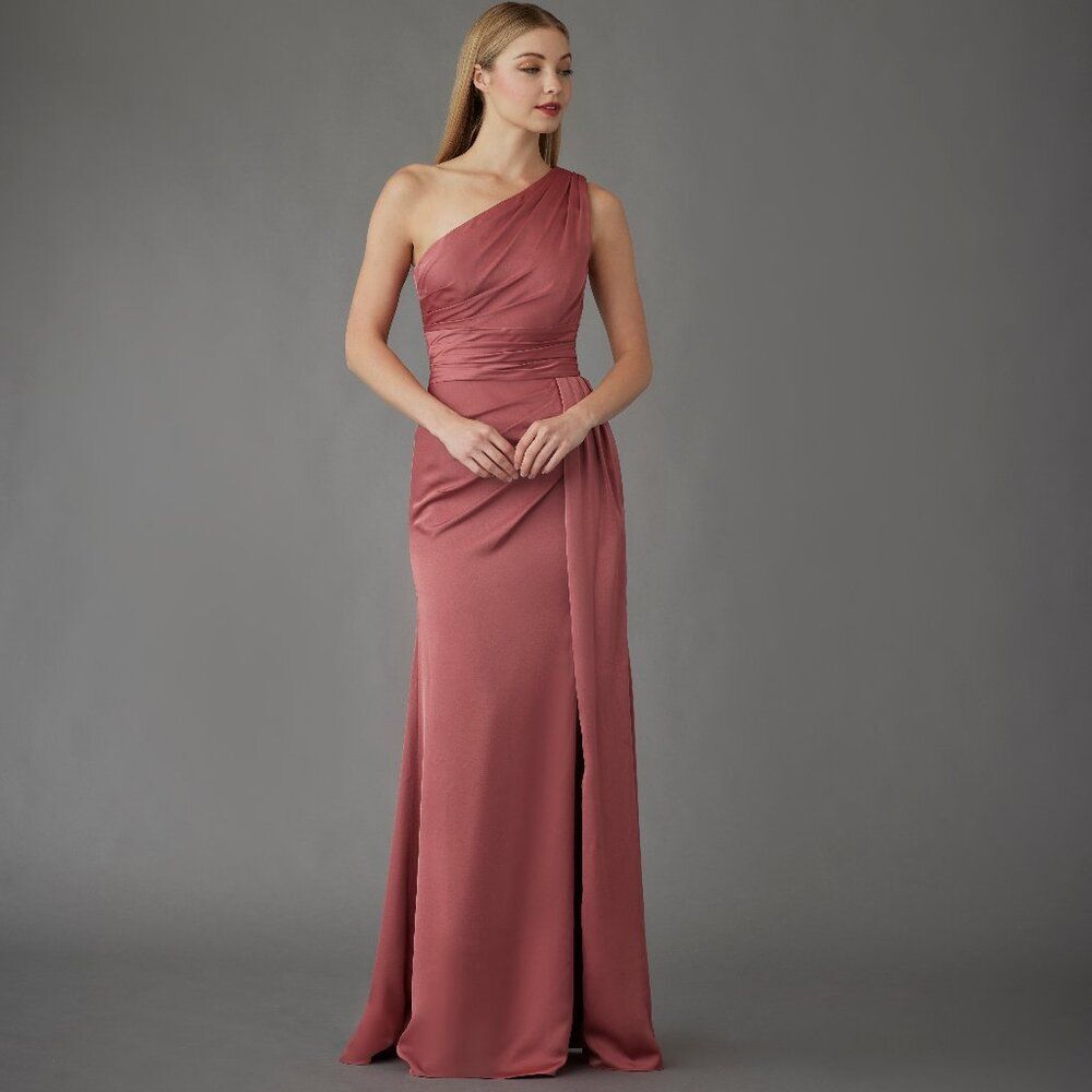 Hayley Paige Occasions 52255 Long Satin Bridesmaid Berry Ruched Formal